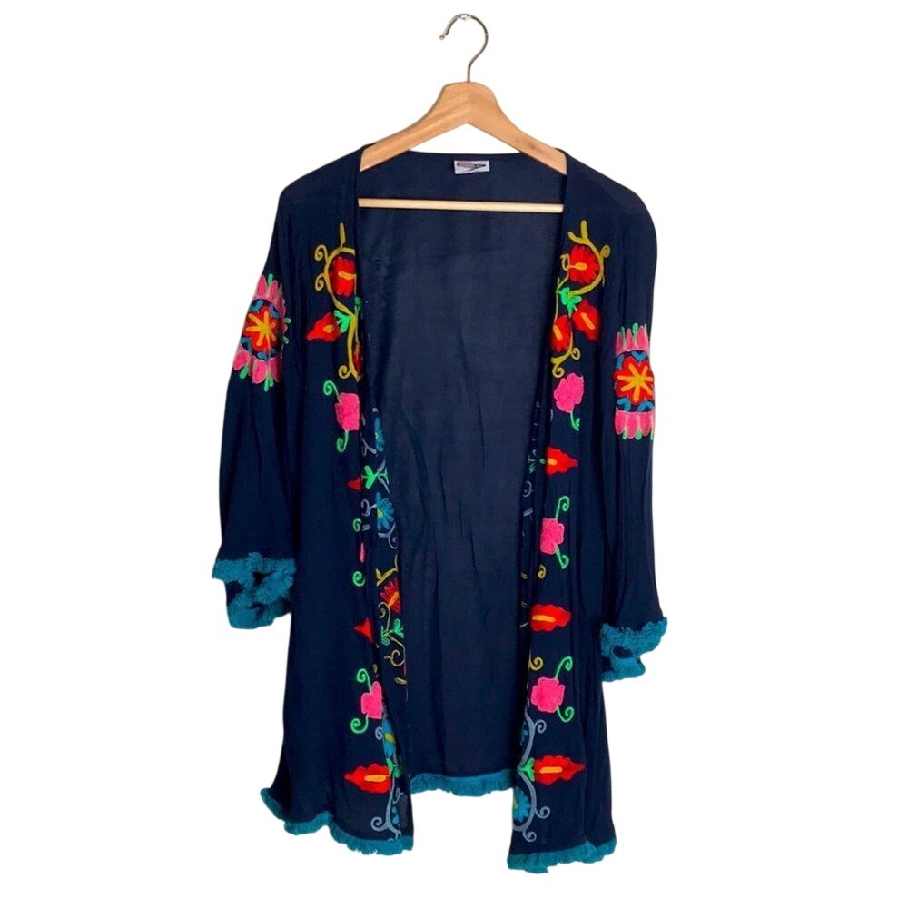 Shoreline Women's Embroidered Floral Open Cardigan Navy Blue S/M
